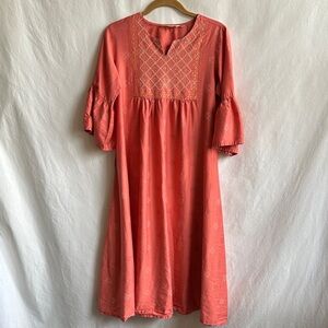 Siyahi peach embroidered dress/kurta with ruffled sleeves, size M